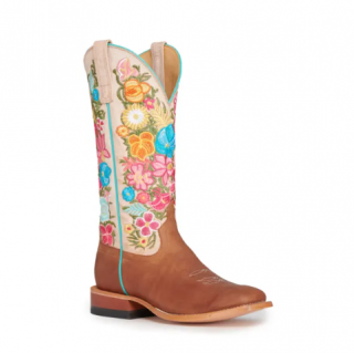 Special Offer Anderson Bean Women's Macie Bean Cognac and Bone with Floral Embroidery Wide Square Toe Cowboy Boots-TAN