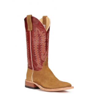 Special Offer Anderson Bean Men's Saraha Tan Suede and Red Wide Square Toe Cowboy Boots-TAN