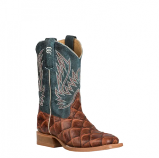 Special Offer Anderson Bean | Kids Horse Power Cognac Fish Print and Green Wide Square Toe Western Boot-COGNAC