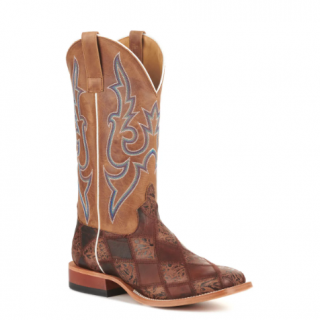 Special Offer Anderson Bean Men's Horse Power Brown Patchwork and Tan Wide Square Toe Cowboy Boots-BROWN