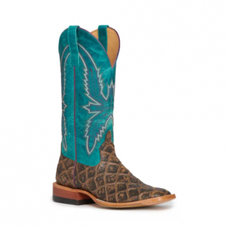 Special Offer Anderson Bean Women's Macie Bean Cocoa Brown Fish Print and Turquoise Square Toe Cowboy Boots-SADDLETAN