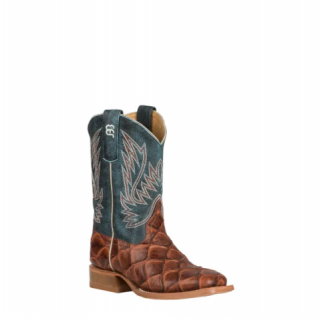 Special Offer Anderson Bean | Youth Horse Power Cognac Fish Print and Green Wide Square Toe Western Boot-COGNAC