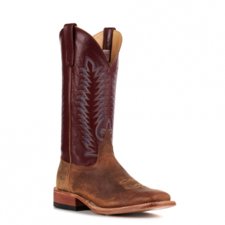 Special Offer Anderson Bean Men's Geronimo Brown Bison and Sangria Wine Square Toe Cowboy Boots-TAN