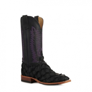 Special Offer Anderson Bean Men's Black Pirarucu Wide Square Toe Exotic Cowboy Boots-BLACK