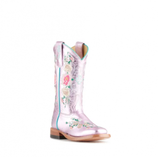 Special Offer Anderson Bean | Youth Macie Bean Metallic Pink Floral Embroidered Square Toe Cowboy Boots-LIGHT PINK