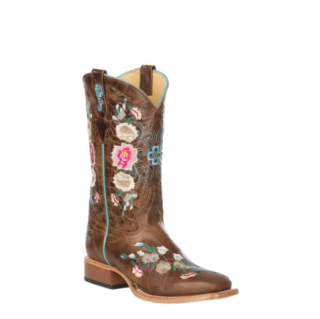 Macie Bean | Kid's Antiqued Honey Brown with Rose Garden Embroidery Square Toe Western Boots-TAN
