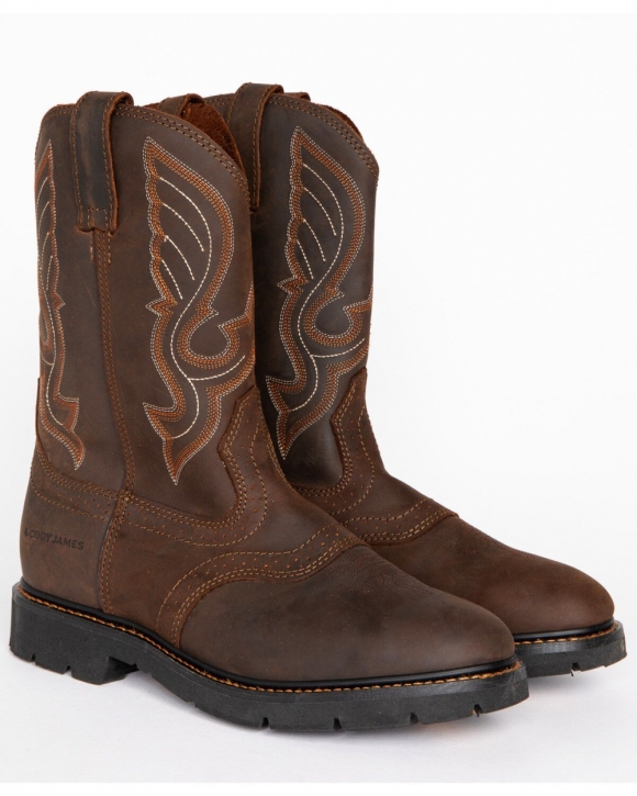Stylish Cody James Men's Mustang Western Pull-On Work Boots - Soft Toe | Brown