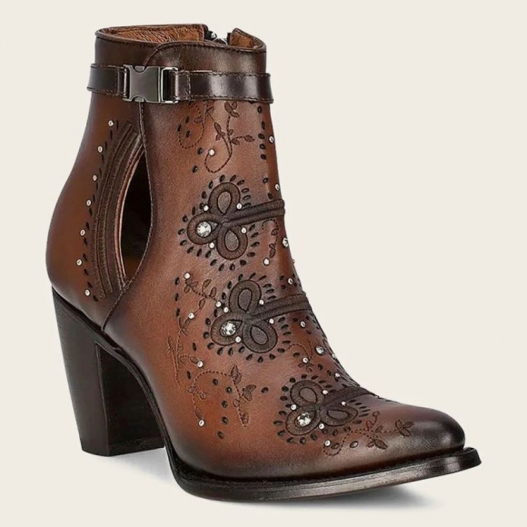 Cuadra Women's Brown Perforated And Embroidery Bootie With Crystals | New Arrivals