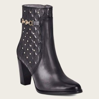 Cuadra Women's Black Leather Bootie With Geometric Details And Austrian Crystals | New Arrivals