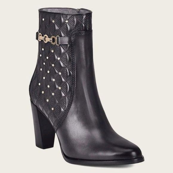 Cuadra Women's Black Leather Bootie With Geometric Details And Austrian Crystals | New Arrivals