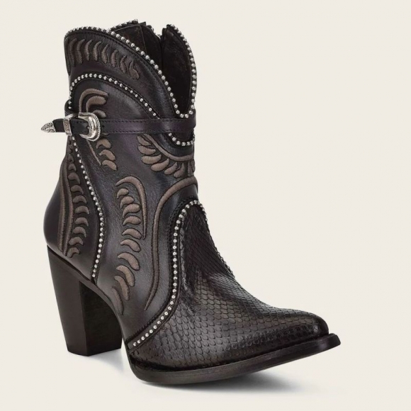 Cuadra Women's Genuine Python Embroidered Black Leather Bootie | New Arrivals