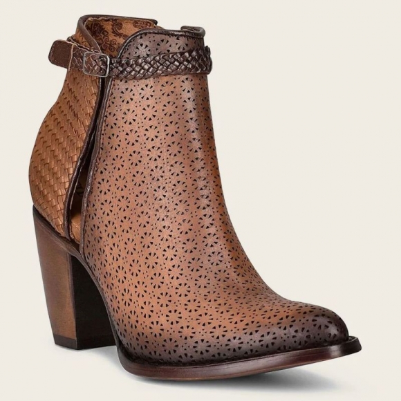 Cuadra Women's Perforated Brown Leather Bootie With Hand Braided Strap | New Arrivals