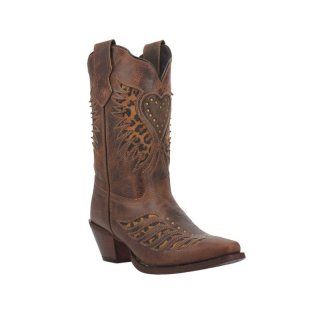 QUICK SHIP | LAREDO WOMEN'S STELLA LEOPARD PRINT INLAY STUDDED WESTERN BOOTS - SNIP TOE-BROWN