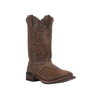 QUICK SHIP | LAREDO WOMEN'S STELLA LEOPARD PRINT INLAY STUDDED WESTERN PERFORMANCE BOOTS - SQUARE TOE-BROWN