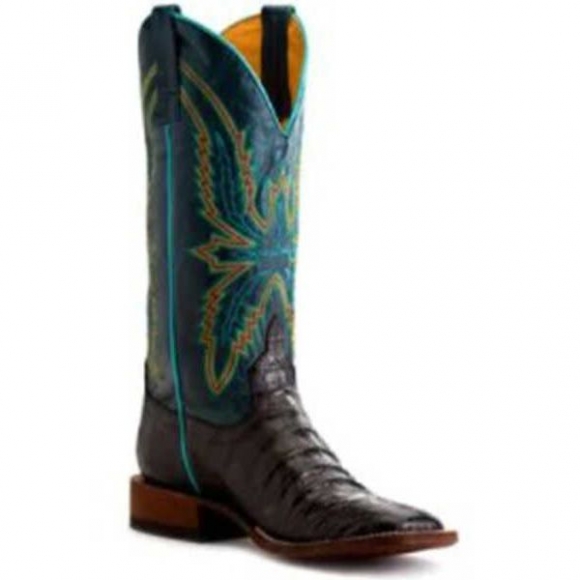 FREE DELIVERY MACIE BEAN WOMEN'S BITE IN SHINING ARMOR CAIMAN PRINT LEATHER WESTERN BOOT - BROAD SQUARE TOE - BLUE