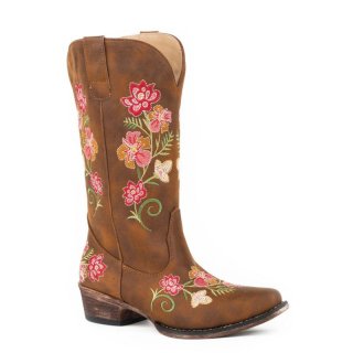 ROPER | WOMEN'S FASHION COWBOY BOOT VINTAGE COGNAC FAUX LEATHER WITH ALL OVER FLORAL EMBROIDERY-TAN | STYLISH OUTLET