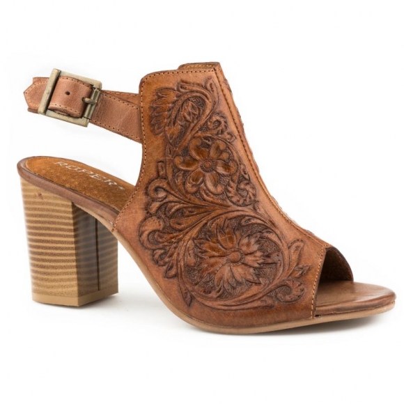 ROPER | WOMEN'S FASHION MULE TAN FLORAL TOOLED LEATHER WITH OPEN TOE AND BACK STRAP-TAN | STYLISH OUTLET
