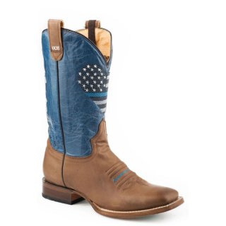 ROPER | WOMEN'S CONCEALED CARRY LEATHER COWBOY BOOT BURNISHED BROWN VAMP MARBLED BLUE UPPER WITH THIN BLUE LINE EMBROIDERY-BROWN | STYLISH OUTLET