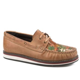 ROPER | WOMEN'S LACE UP MOCCASIN BROWN BURNISHED LEATHER WITH PAINTED HANDTOOLED VAMP DESERT SCENE-BROWN | STYLISH OUTLET