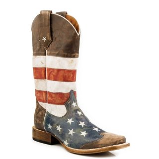 ROPER | MEN'S LEATHER COWBOY BOOT AMERICAN FLAG DISTRESSED BROWN WITH RED WHITE AND BLUE SQUARE-BROWN | STYLISH OUTLET