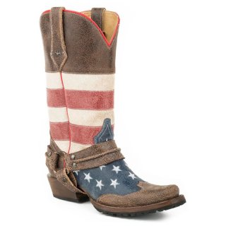 ROPER | MEN'S LEATHER AMERICAN FLAG HARNESS BOOT UNIQUELY DISTRESSED LEATHER WITH LUG SOLE-BROWN | STYLISH OUTLET
