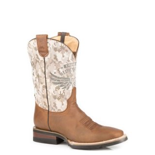 ROPER | MEN'S BURNISHED TAN LEATHER VAMP SQUARE TOE BOOTH WITH CAMO PRINT ON SHAFT-CONCEALED CARRY SYSTEM-TAN | STYLISH OUTLET