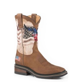 ROPER | MEN'S OILED BROWN LEATHER VAMP AND CROWN SQUARE TOE BOOT WITH AMERICAN FLAG SKULL PRINT ON SHAFT-BROWN | STYLISH OUTLET