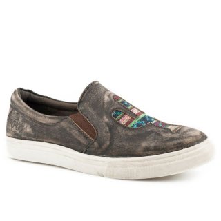ROPER | WOMEN'S ATHLETIC SLIP ON RUB OFF BROWN LEATHER AND APPLIQUE CACTUS ON VAMP-BROWN | STYLISH OUTLET