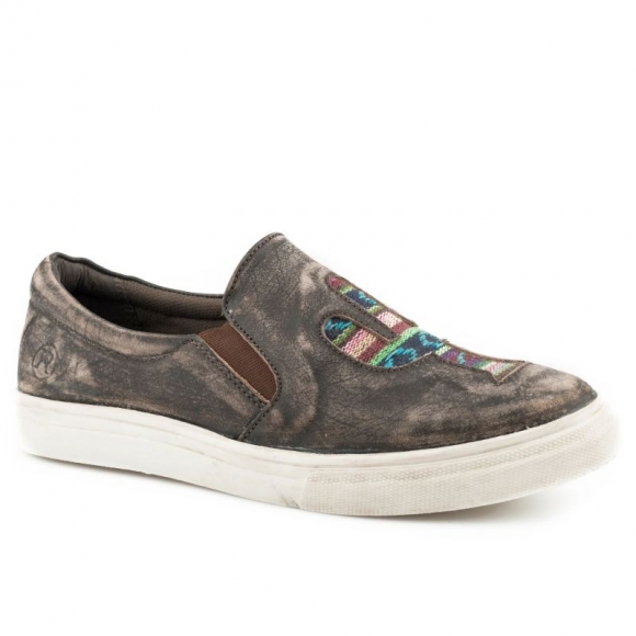 ROPER | WOMEN'S ATHLETIC SLIP ON RUB OFF BROWN LEATHER AND APPLIQUE CACTUS ON VAMP-BROWN | STYLISH OUTLET