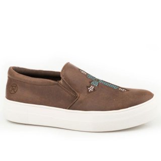 ROPER | WOMEN'S ATHLETIC SNEAKER SLIP ON BROWN TEXTILE WITH CRYSTAL CROSS INLAY-BROWN | STYLISH OUTLET