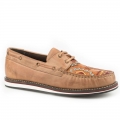 ROPER | WOMEN'S LACE UP MOCCASIN TAN BURNISHED LEATHER WITH HANDTOOLED AZTEC VAMP-TAN | STYLISH OUTLET