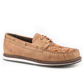 ROPER | WOMEN'S LACE UP MOCCASIN TAN BURNISHED LEATHER WITH HANDTOOLED AZTEC VAMP-TAN | STYLISH OUTLET