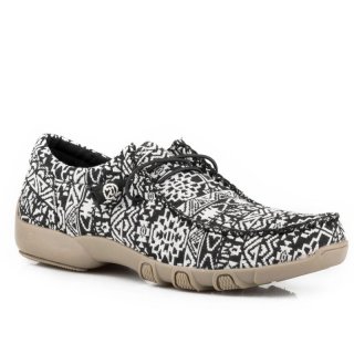 ROPER | WOMEN'S BLACK WHITE AZTEC CANVAS CHUKKA WITH TWO EYELETS ELASTIC LACES-BLAC | STYLISH OUTLET