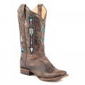 ROPER | WOMEN'S WIDE CALF LEATHER COWBOY BOOT WAXY BROWN WITH EMBROIDERED ARROW UNDERLAY DESIGN-BROWN | STYLISH OUTLET