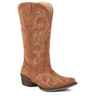 ROPER | WOMEN'S FASHION COWBOY BOOT COGNAC FAUX LEATHER WITH ALL OVER EMBROIDERY-TAN | STYLISH OUTLET