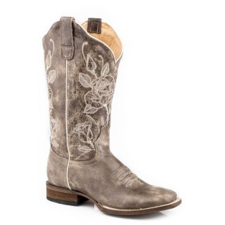ROPER | WOMEN'S VINTAGE BROWN LEATHER VAMP SHAFT FLEXTRA BOOT WITH FLORAL EMBROIDERY ON SHAFT-BROWN | STYLISH OUTLET
