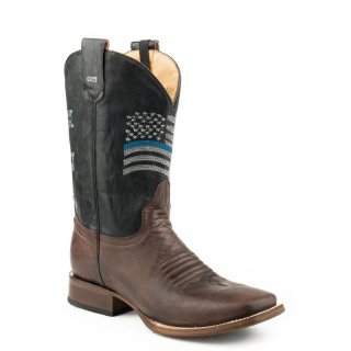 ROPER | MEN'S LEATHER CONCEALED CARRY BOOT WAXY BROWN VAMP BLACK UPPER WITH EMBROIDERED AMERICAN FLAG AND RIDER POCKET OUTSIDE-BROWN | STYLISH OUTLET