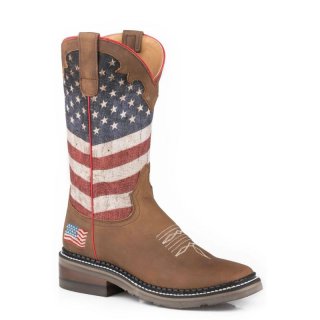 ROPER | WOMEN'S OILED BROWN LEATHER VAMP CROWN BOOT WITH PRINTED FLAG DESIGN-BROWN | STYLISH OUTLET