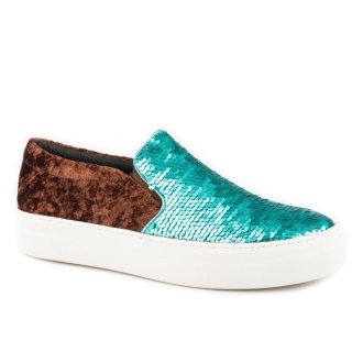 ROPER | WOMEN'S ATHLETIC SNEAKER SLIP ON TURQUOISE AND SILVER SEQUINS ON VAMP WITH BROWN VELVET HEEL-BLUE | STYLISH OUTLET