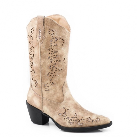 ROPER | WOMEN'S BROWN FAUX LEATHER METALLIC UNDERLAY FASHION BOOT-TAN | STYLISH OUTLET