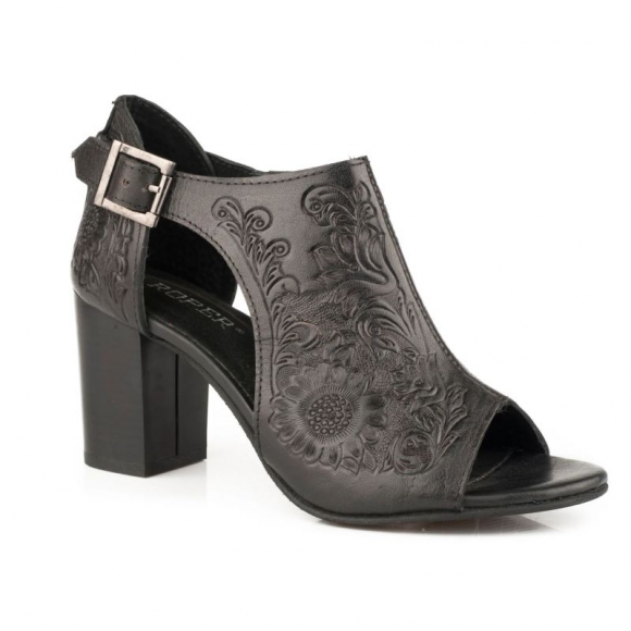 ROPER | WOMEN'S BLACK FLORAL TOOLED LEATHER FASHION OPEN TOE SANDAL-BLACK | STYLISH OUTLET