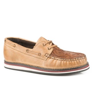 ROPER | WOMEN'S LACE UP MOCCASIN TAN POLISHABLE LEATHER HANDTOOLED VAMP-TAN | STYLISH OUTLET