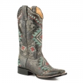 ROPER | WOMEN'S LEATHER COWBOY BOOT WAXY BLACK WITH SOUTHWEST EMBROIDERED DESIGN-BLACK | STYLISH OUTLET