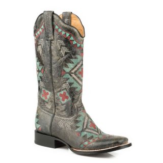 ROPER | WOMEN'S LEATHER COWBOY BOOT WAXY BLACK WITH SOUTHWEST EMBROIDERED DESIGN-BLACK | STYLISH OUTLET
