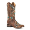 ROPER | WOMEN'S LEATHER COWBOY BOOT BURNISHED TAN WITH ALL OVER SOUTHWEST EMBROIDERY-TAN | STYLISH OUTLET