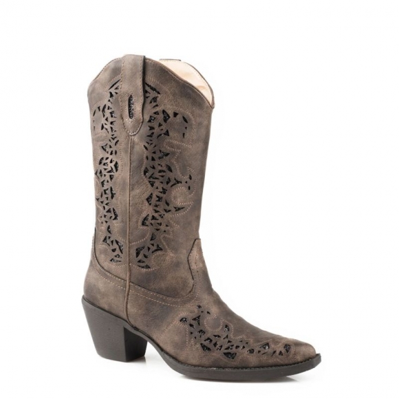 ROPER | WOMEN'S FASHION COWBOY BOOT BROWN FAUX LEATHER WITH METALLIC UNDERLAY-BROWN | STYLISH OUTLET