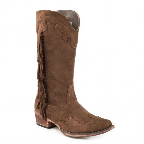 ROPER | WOMEN'S FASHION COWBOY BOOT BROWN FAUX LEATHER WITH SIDE FRINGE AND WING TIP AND CROWN OVERLAY-BROWN | STYLISH OUTLET