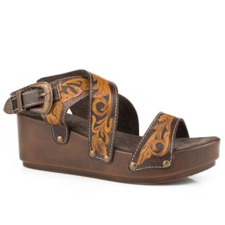 ROPER | WOMEN'S BROWN TAN TOOLED CROSS BAND STRAP WEDGE SANDAL-BROWN | STYLISH OUTLET