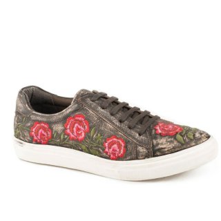 ROPER | WOMEN'S ATHLETIC LACE UP BROWN SANDED VINTAGE LEATHER ROSE EMBROIDERY-BROWN | STYLISH OUTLET