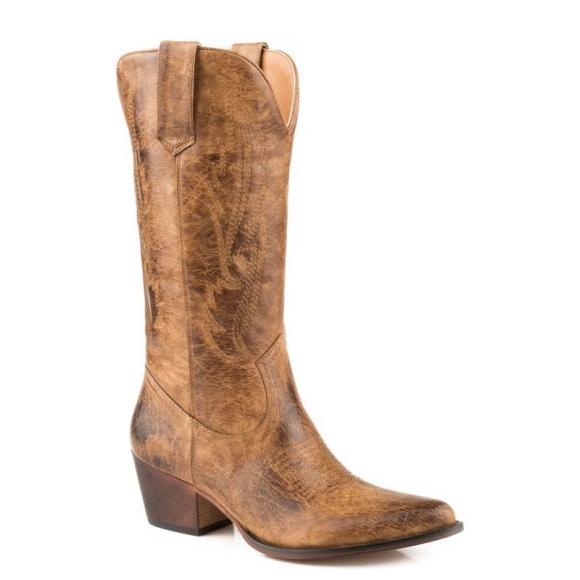 ROPER | WOMEN'S FASHION COWBOY BOOT BURNISHED TAN FAUX LEATHER WITH ALL OVER EMBROIDERY-TAN | STYLISH OUTLET